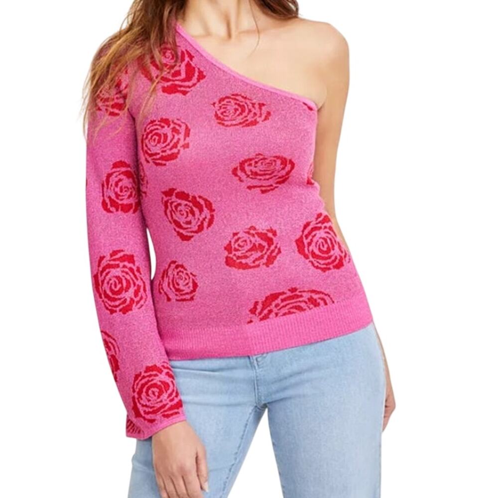 INC International Concepts Women's One-Shoulder Sweater in Pink Rose Jacquard